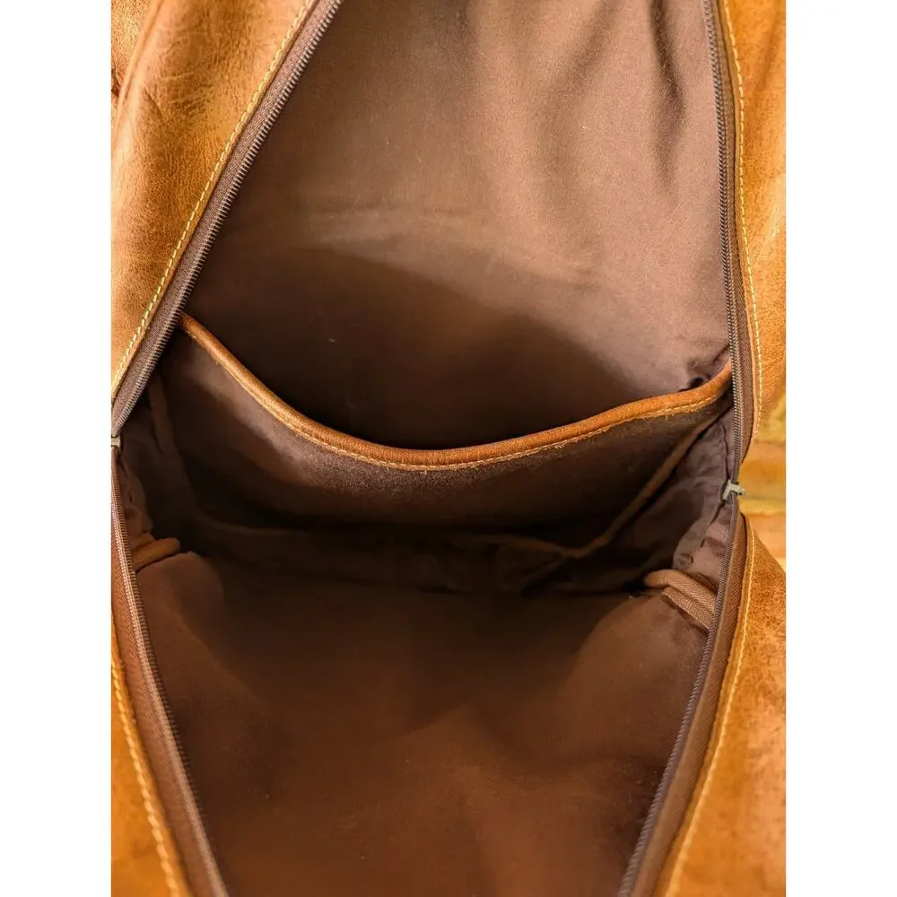 Brown Tan Distressed Full Grain Leather Backpack School Office College Rustic